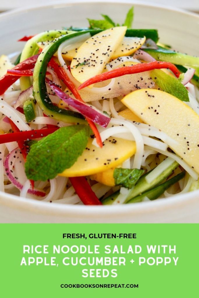 Vegan and gluten free rice noodle salad with apples, cucumbers and poppy seeds.