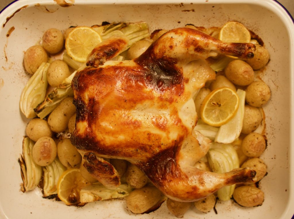 Crispy-skinned, juicy and moist roast chicken.