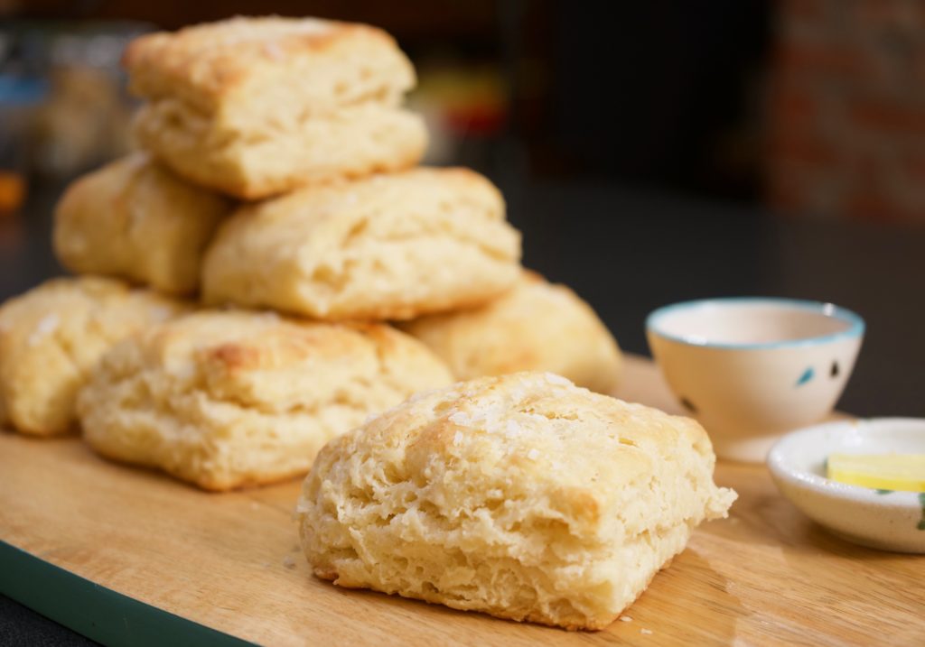 Flaky, tender buttermilk biscuits, topped with crunchy sea salt. Great for a breakfast treat or an accompaniment to soups and stews or whenever a quick bread is needed.