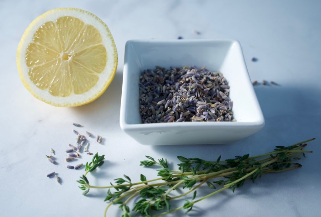 Dried lavender, lemon and thyme sprigs.