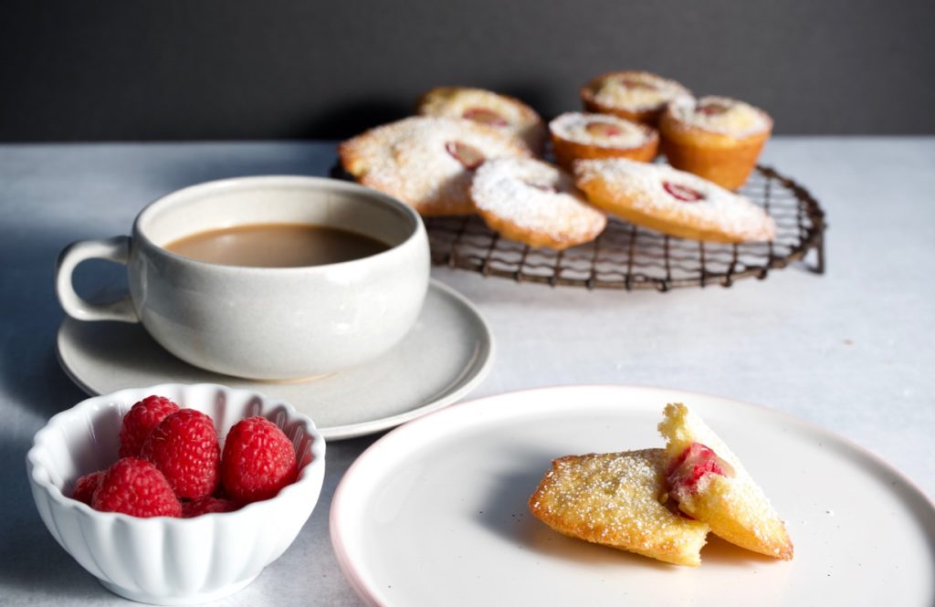 madeleines with lemon curd and raspberries