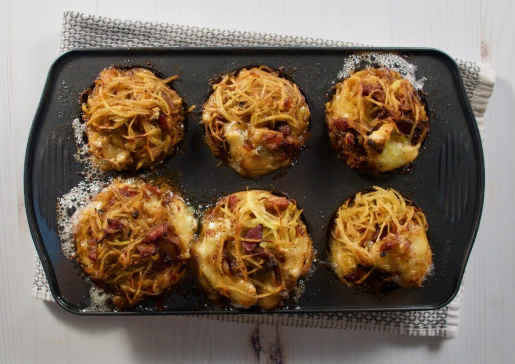 Baked cheese and potato nests hot out of oven.