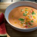 Watermelon pairs nicely with tomatoes and cucumbers to make this simple, refreshing watermelon gazpacho. Use delicious summer produce for this cold soup.