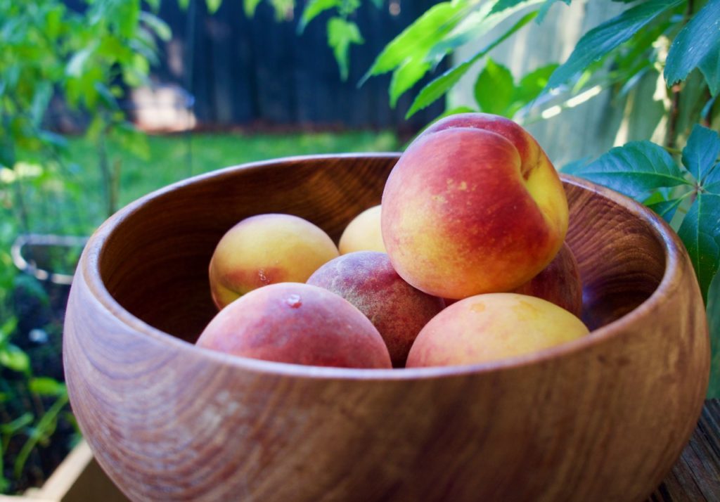 A bowl of perfectly ripe, Georgia peaches from the Peach Truck.