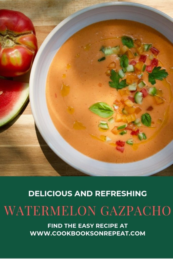 Watermelon gazpacho garnished with diced watermelon, cucumber and tomato. Finished off with fresh herbs.
