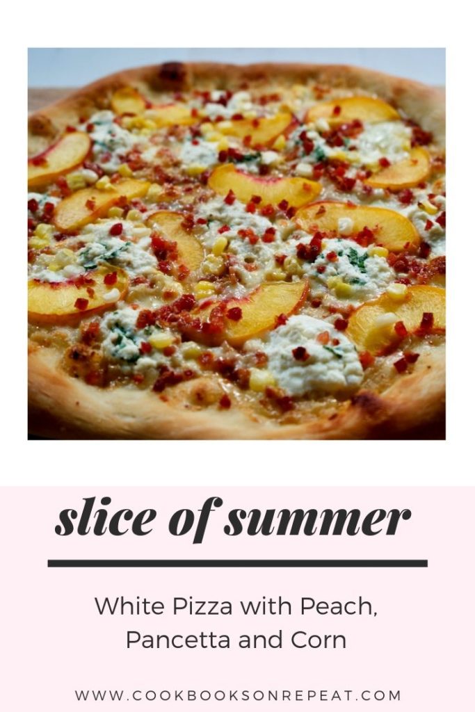 Riccota and mozzarella white pizza with summer peaches, corn and pancetta.