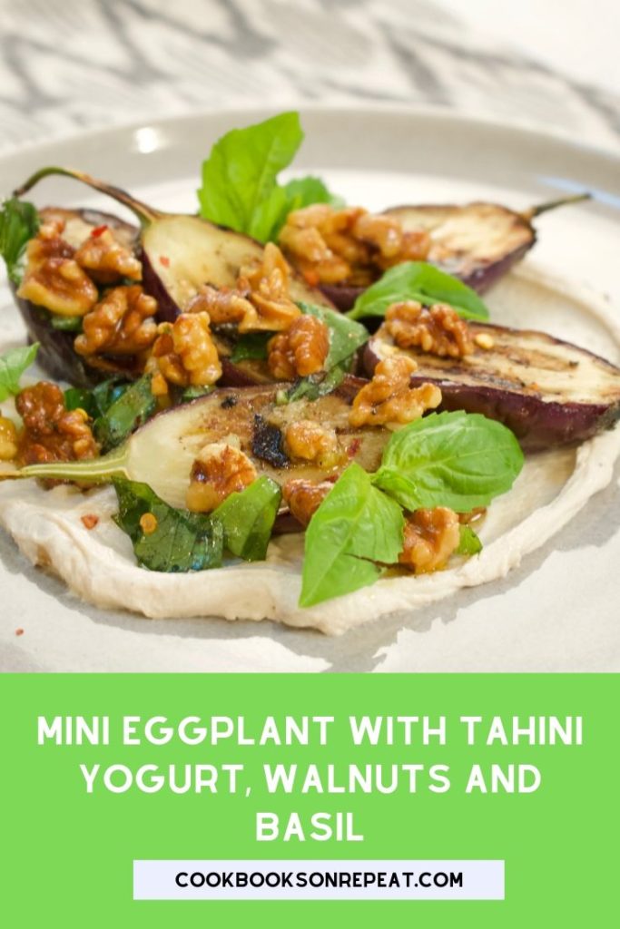 Soft, charred eggplant on top of tangy, creamy, tahini yogurt. Walnuts and basil leaves add crunch and freshness to create a beautiful contrast of textures and flavors. 