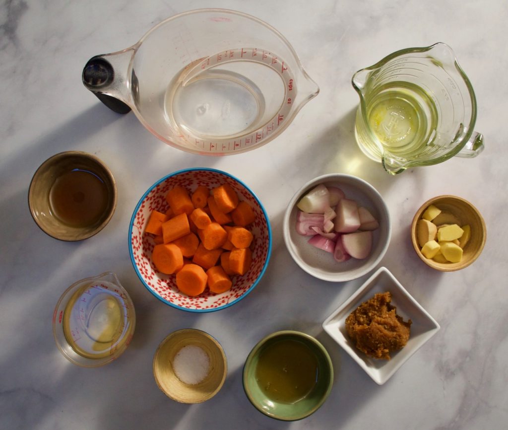 Carrots, shallots, ginger, miso and rice vinegar are blended together to make a delicious, sweet, tangy and gingery dressing. Perfect for dipping, rice bowls and noodles. 