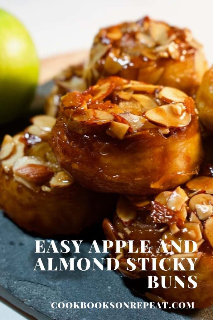 Easy apple and cinnamon filled sticky buns. Buttery caramel and toasted almonds top these delicious breakfast treats!