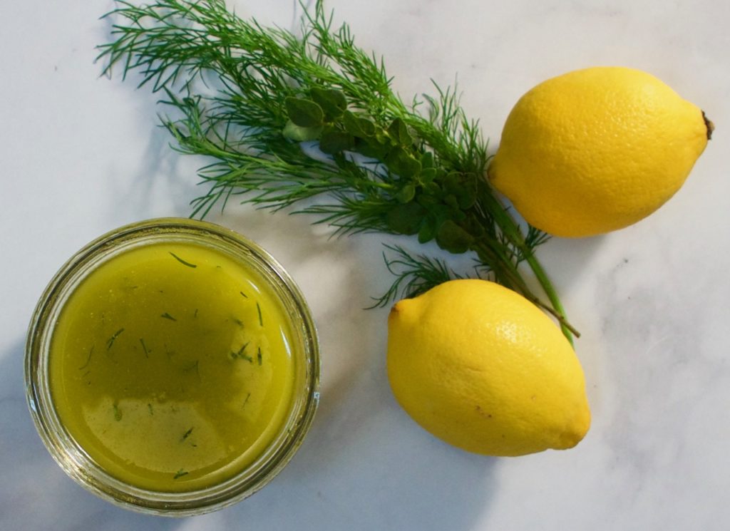 Lemons and fresh herbs make this zingy, summery salad dressing. Great on grilled chicken and vegetables too. This may also be used as a marinade for meat and fish.