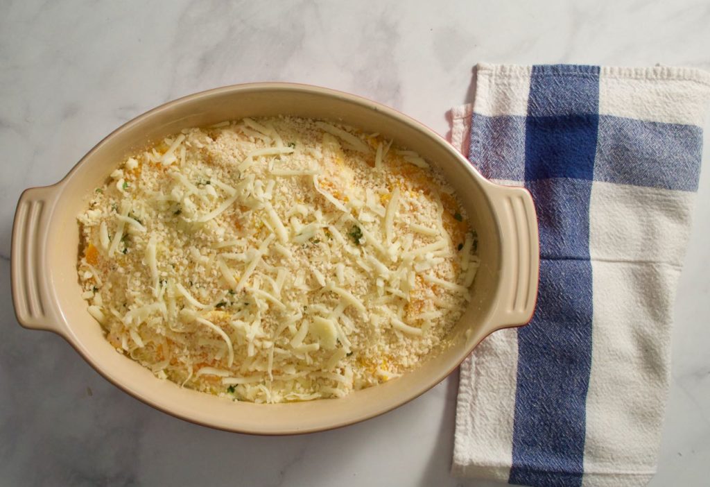 Prepped and unbaked butternut squash gratin.