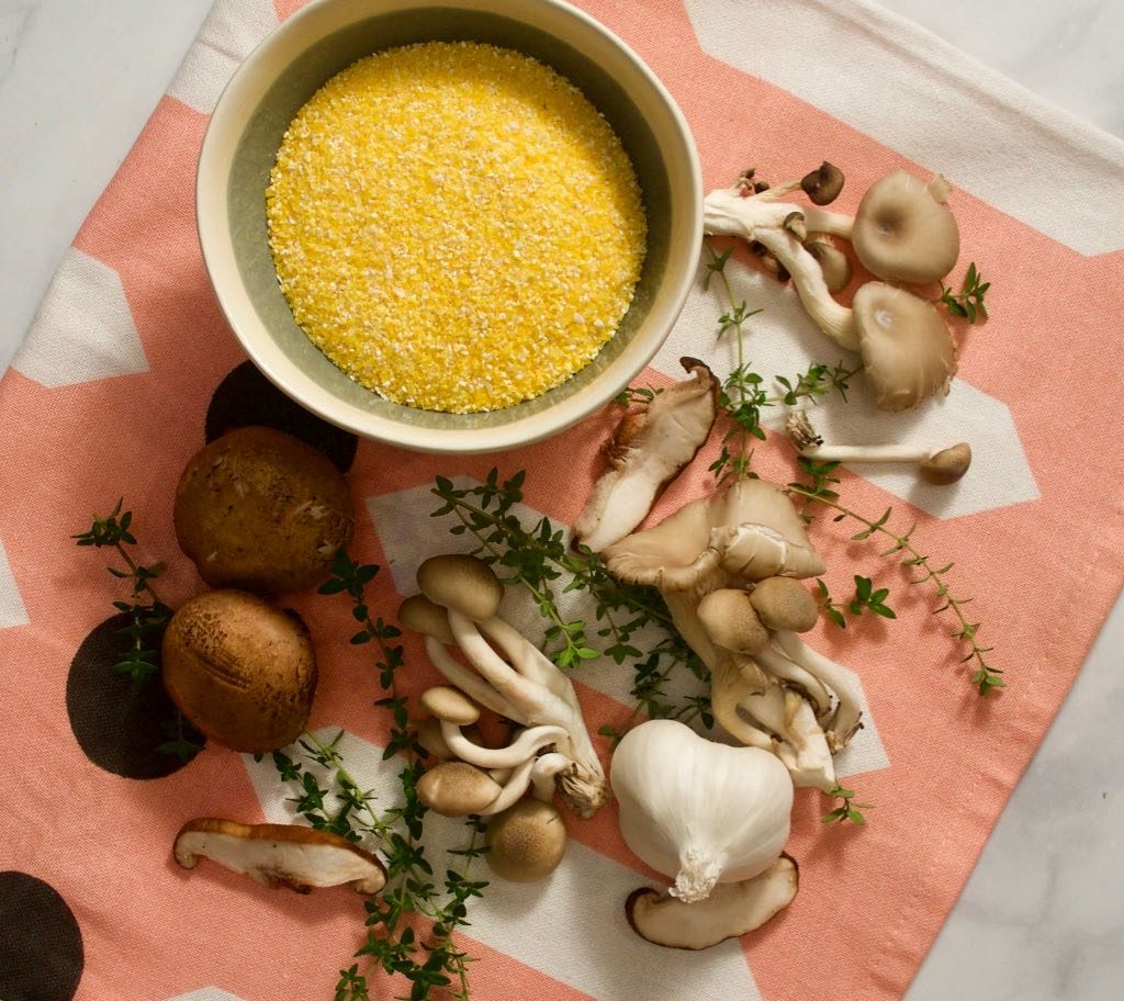 Yellow cornmeal, fresh mushrooms, thyme and garlic.