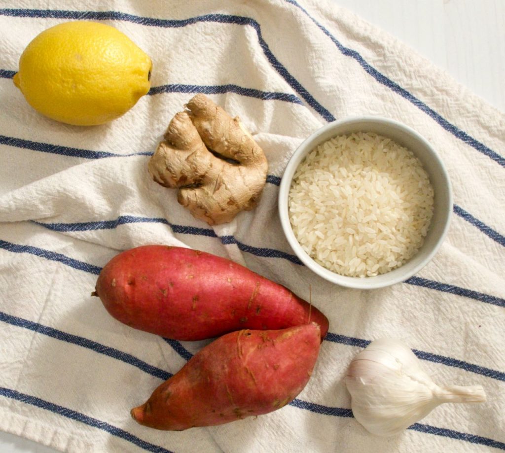 Lemon, ginger, rice, garlic and sweet potatoes.