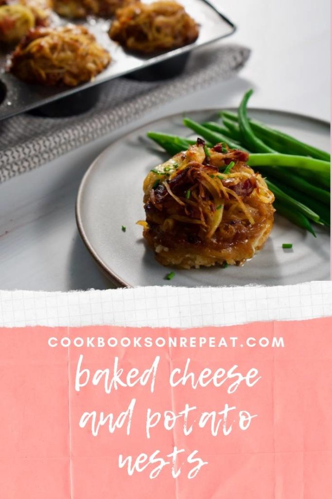 Plate and muffin tin with potato nests and green beans. 