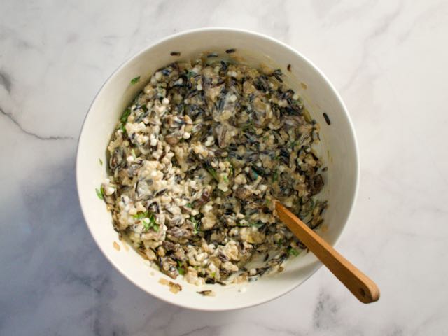 Mixing bowl with wild rice mixture.