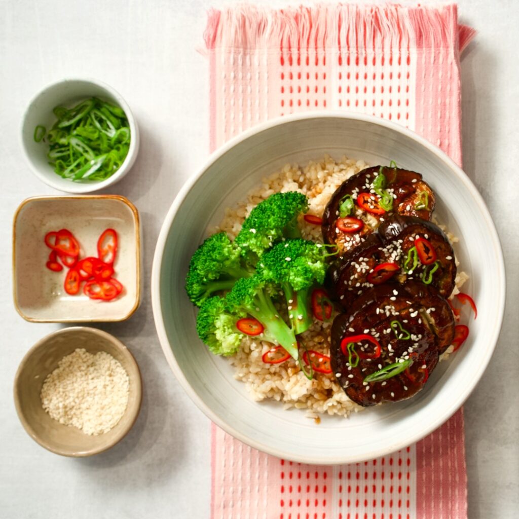 Bowl of rice, miso glazed eggplant and broccoli on towel. Three prep bowls with garnishes. 