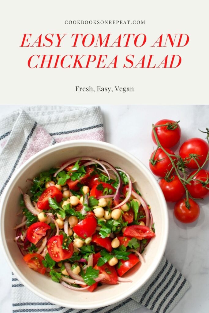 Tomato and chickpea salad pinterest graphic.