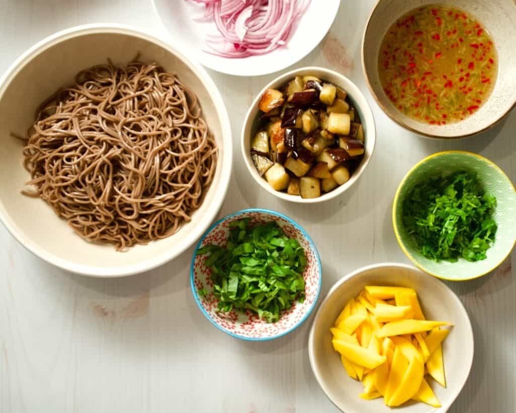 Bowl of cooked soba noodles, with bowls of ingredients: eggplant, herbs, mango, and dressing.